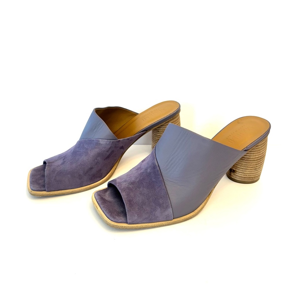 M. Gemi leather and suede violet lilac heeled open toe mule sandals, size 40.5